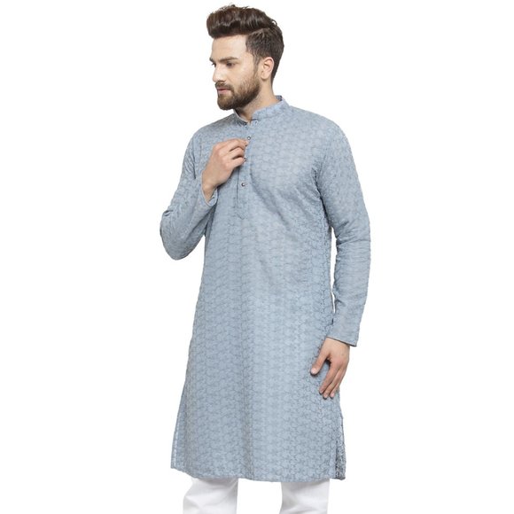 Designer Gray Cotton Chikankari Lucknowi Jaal Embroidered Kurta for Men - Picture 3 of 6